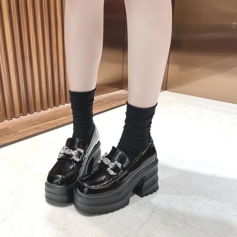 Женские туфли-лоферы Весна Осень Новые Британский стиль Массивный каблук Толстый высокий каблук Универсальные Маленькие кожаные туфли