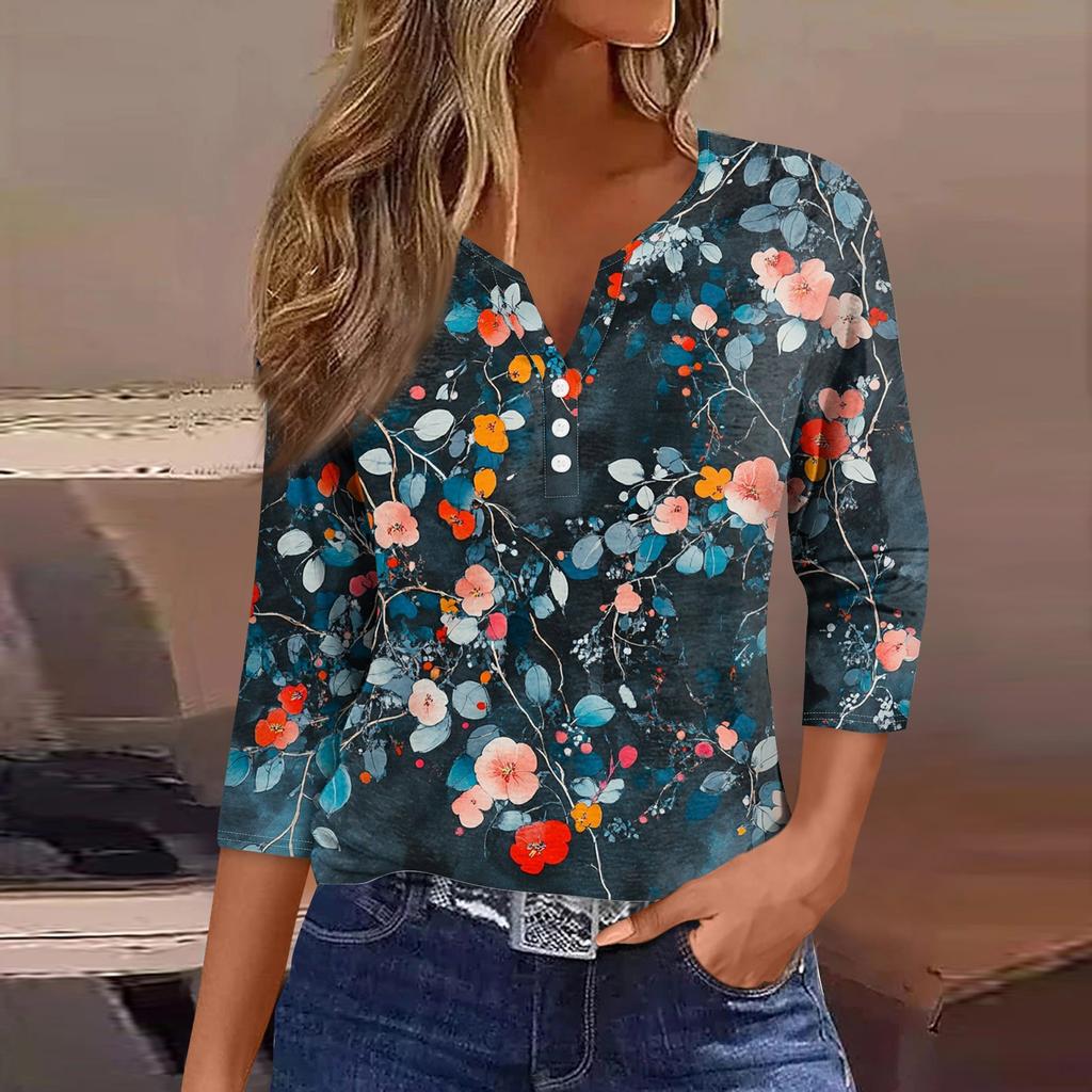 Женский свободный повседневный топ с цветочным принтом и V-образным вырезом с рукавами семь четвертей Топ с V-образным вырезом и рукавами семь четвертей