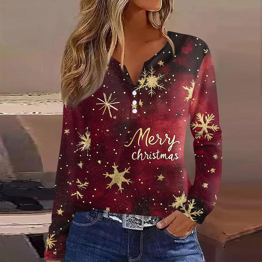 Женская футболка с рождественским принтом на пуговицах с длинным рукавом, повседневная, выходного дня, модная, базовая, с V-образным вырезом, обычная