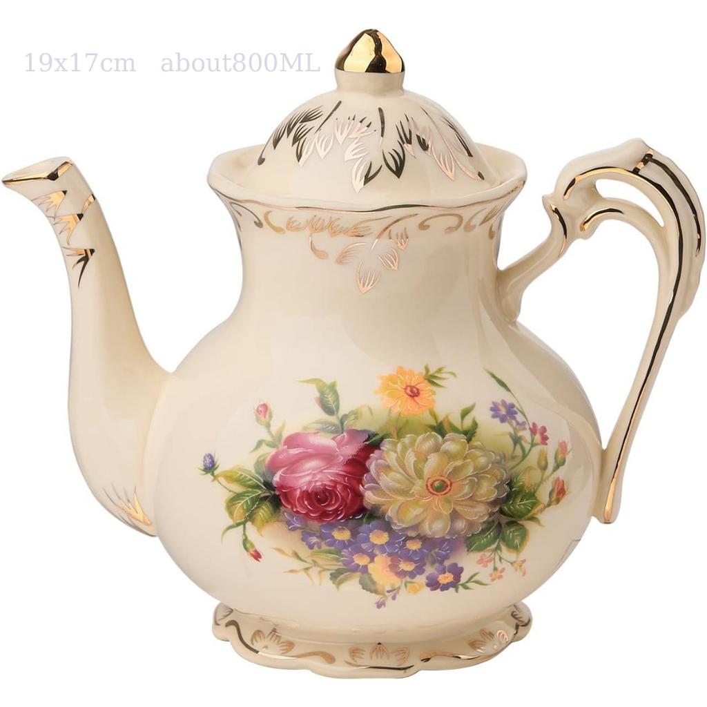 Винтажный керамический чайник Rose объемом 800 мл, цветочный чайник с ободком из листового золота для листового чая, элегантный чайник цвета слоновой кости, подарок для любителей чая