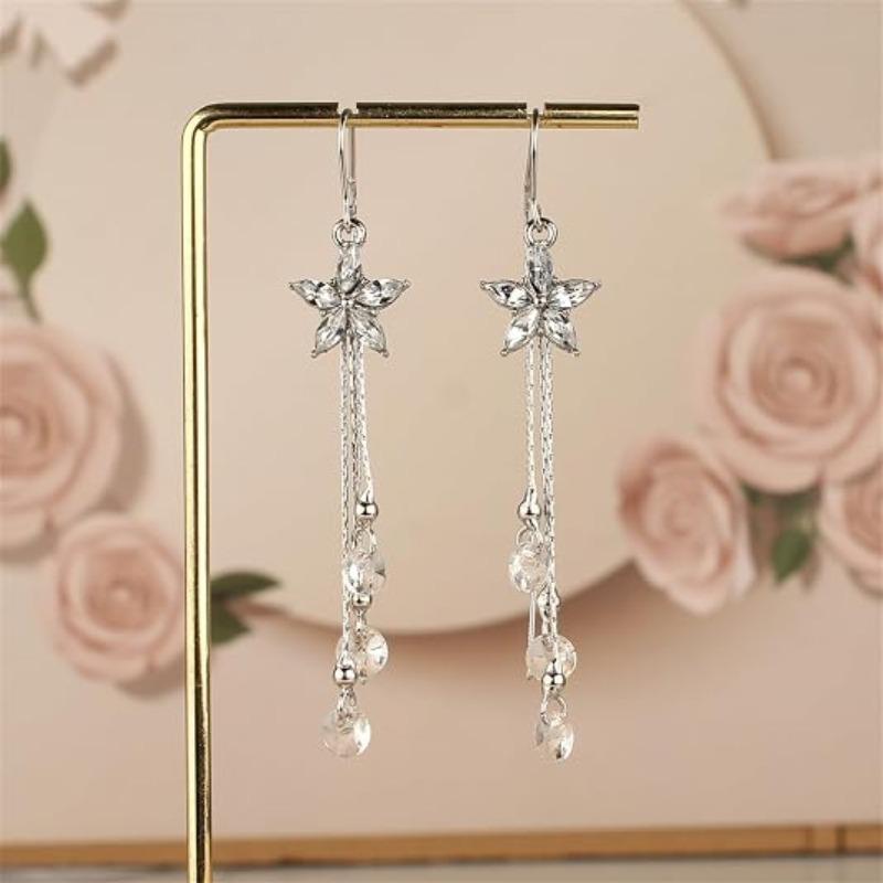 Long Pearl Threader Earrings for Women Gold Silver Flower Cubic Zirconia Dangle Earrings Tassel Chain Earrings Bride Bridesmaid Wedding Prom Jewelry