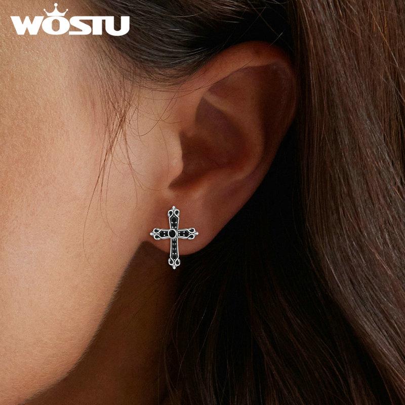 WOSTU Винтажные серьги-гвоздики из стерлингового серебра 925 пробы с крестом для женщин, крутые черные серьги-гвоздики с цирконием в стиле панк, модные украшения, подарок на вечеринку