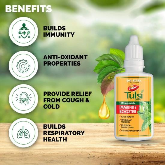 Dabur Капли Тулси : 30мл (20 мл + 10 мл Бесплатно) | Содержит экстракты 5 редких видов туласи | Повышает иммунитет | Облегчение при кашле и простуде | 100% аюрведический