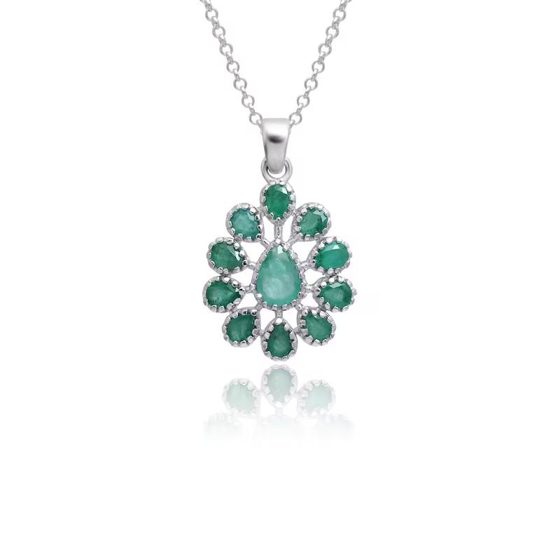 Natural Emerald Sterling Silver Fancy Pendant Emerald Floral Silver Pendent