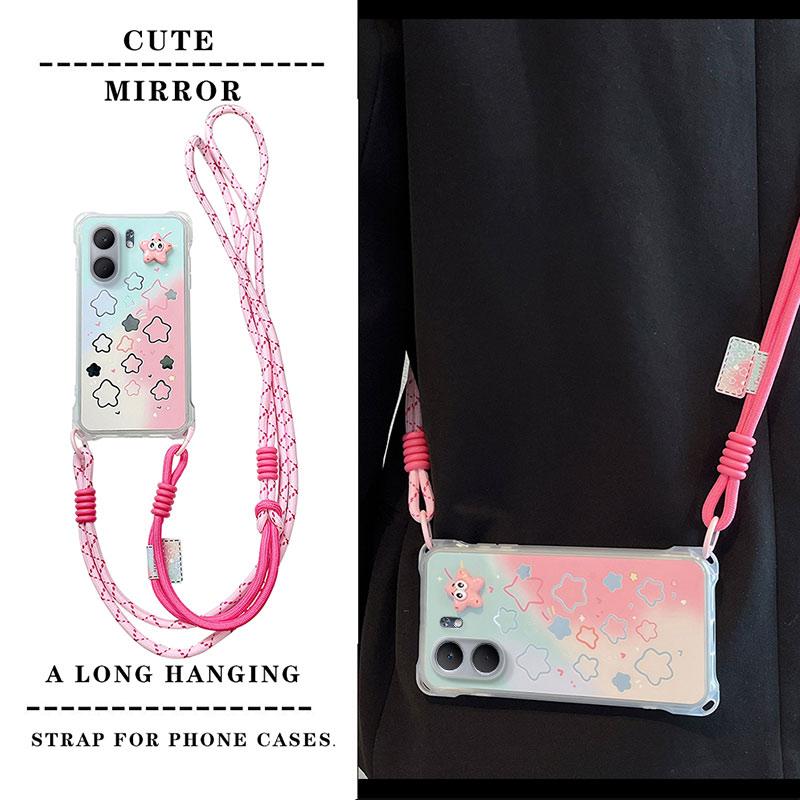 KEYSION Crossbody Strap Phone Case for OPPO A5X 5G Cute Cartoon Long Lanyard Mirror Shockproof Cover for OPPO A5X