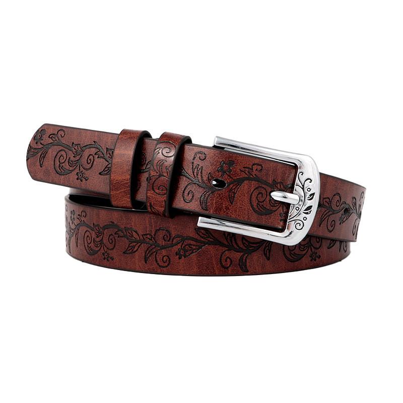 Leather Boho Inspired Belt With Embossed Design And Silver Buckle Womens For