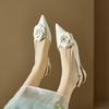 Cow Leather Pointed Toe Med Heels Slingback Autumn Summer Shoes Flowers Decorations Women Shallow Pumps