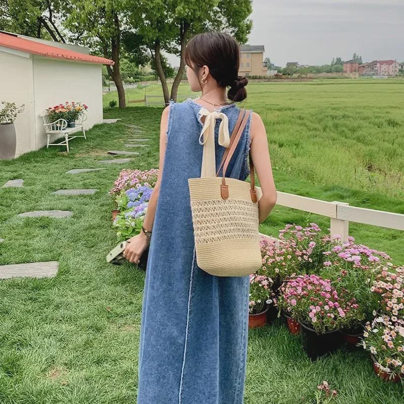 Женское джинсовое платье без рукавов в стиле ретро в стиле Гонконга — свободное, тонкое, большого размера с бантом