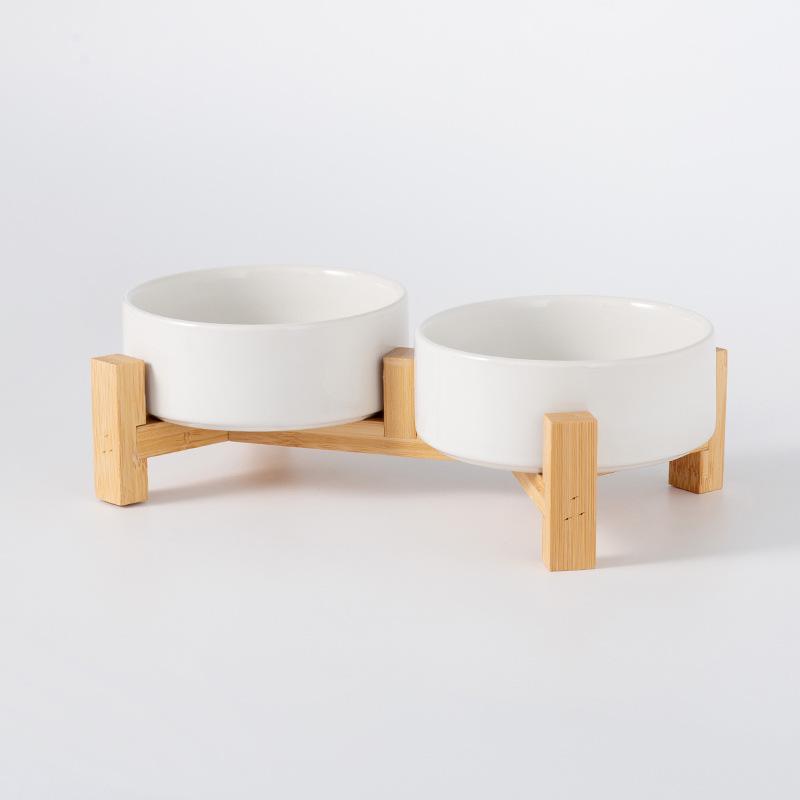 Керамическая миска для корма домашних животных с приподнятой бамбуковой подставкой - Антиопрокидывающаяся конструкция для собак и кошек, Защищает шейный отдел позвоночника