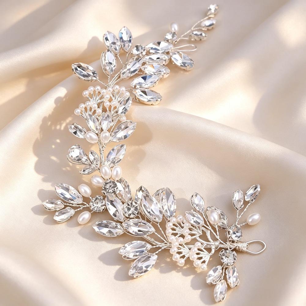 Pearl Embellished Rhinestone Tiara Flower Handmade Hairband Elegant Hair Jewelry Bride Accessories