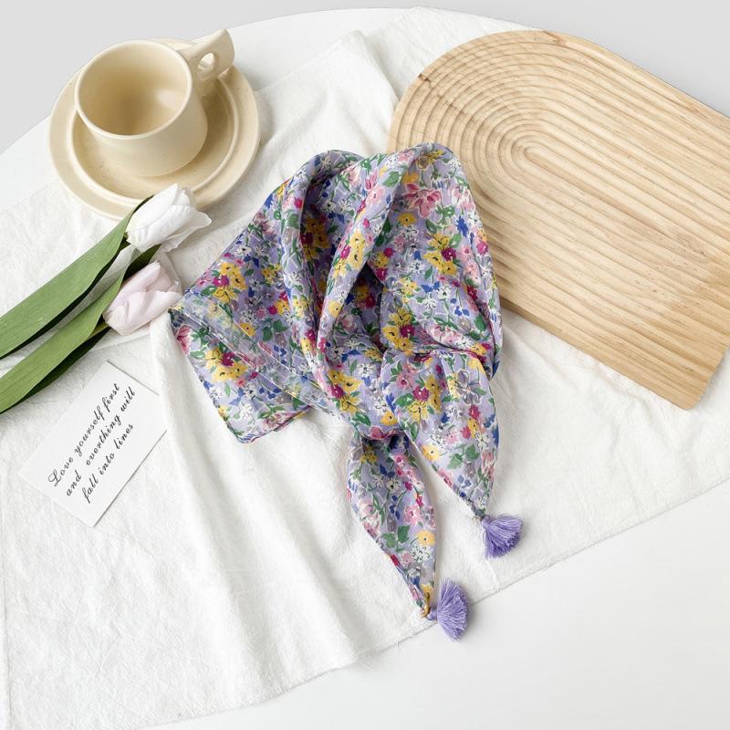 Small Fresh And Sweet Silk Scarf Square Scarf High-End Cute Style With Cotton And Linen Small Square Scarf Women'S Scarf Fringed Pendant