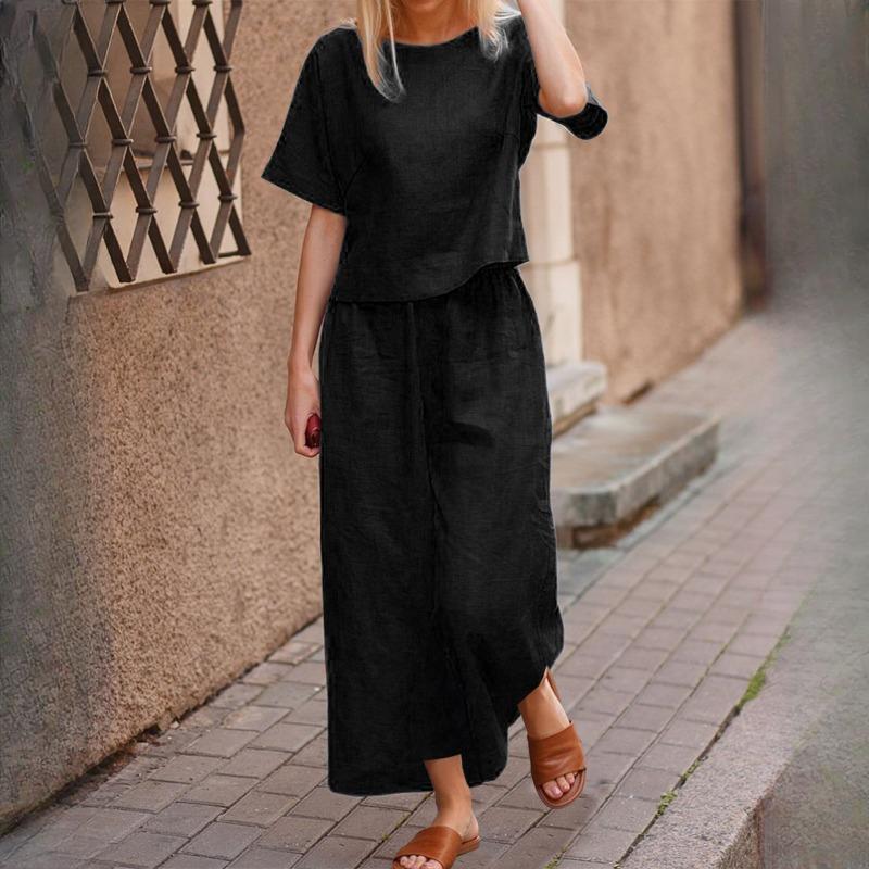 QICED Plus Size Suit Loose Solid Colour Shirt Trousers Two Piece Set