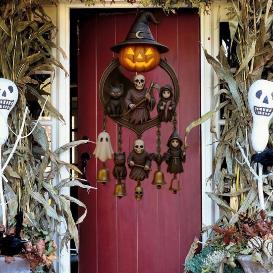 Хэллоуин Готический Колокольчик Ветра Жуткий Звон Колокольчика с Тыквенным Фонарем Мрачный Жнец Призрак Черный Кот для Веранды Окна Домашнего Декора