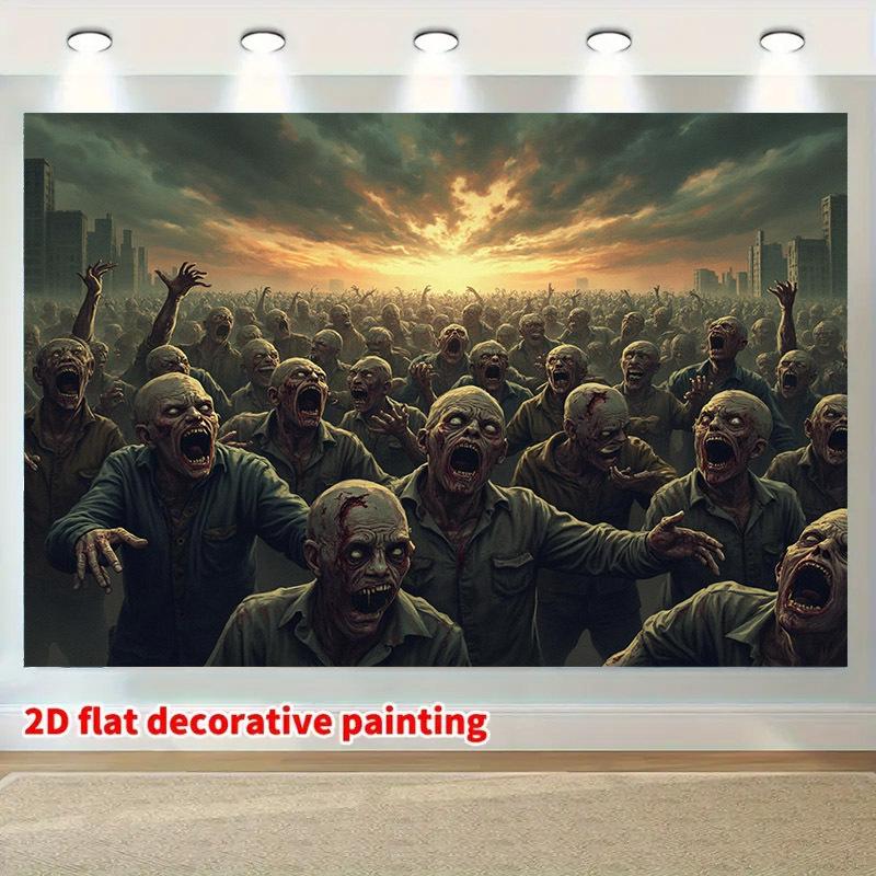 One 2D flat banner with a zombie-themed background suitable for Halloween celebration events