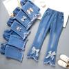 Autumn Elastic Kids Jeans Girls Cute Leisure Bow Denim Blue Children Flared Pants Teenage Girl Clothes Trousers
