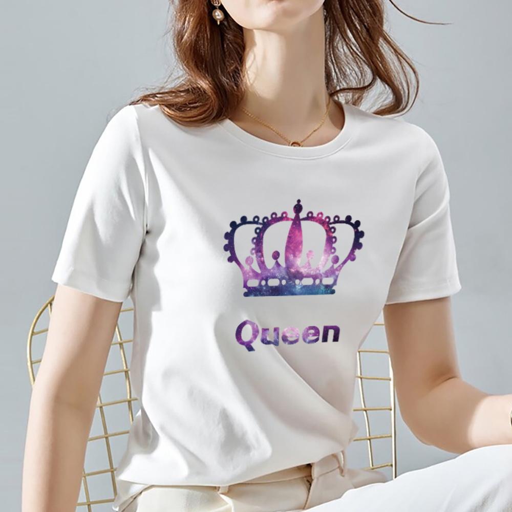 Женские футболки, летние женские топы с принтом королевы и короны, повседневная черно-белая женская футболка, женская одежда