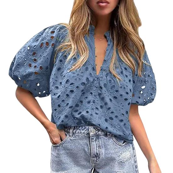 Женская рубашка с воротником-стойкой и V-образным вырезом, коротким рукавом, ажурным вышитым цветочным узором, кружевная блузка, повседневные нарядные топы