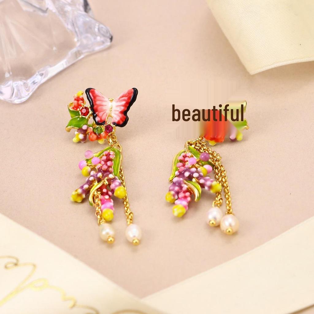Серьги-пусеты с кисточками в стиле Мори с жемчужными цветами и бабочками - Свежие, милые и элегантные
