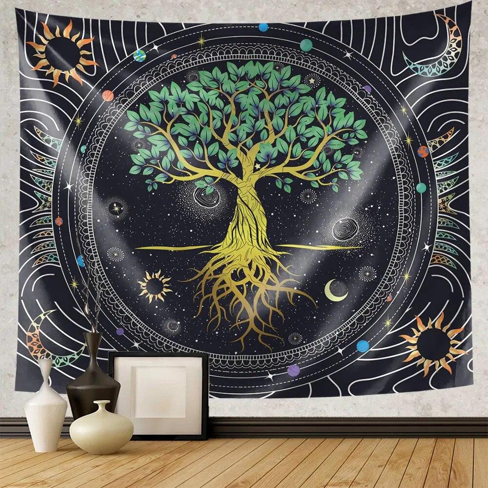Зеленое древо жизни гобелен хиппи психоделическое солнце и луна настенное колдовство эстетическое украшение дома фон
