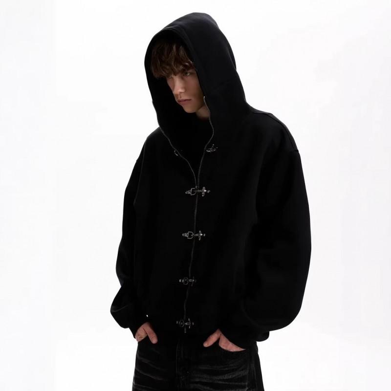 Unisex Hooded Jacket Winter Loose Fit Zipper Front With Metal Button Detail Streetwear Casual Outerwear