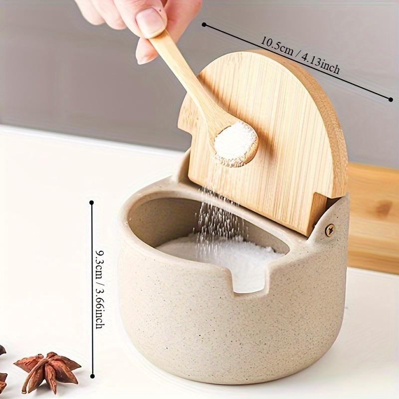 Beige Ceramic Seasoning Jar with Bamboo Lid Kitchen Spice Container Household Salt and Sugar Bowl Set Seasoning Storage Box