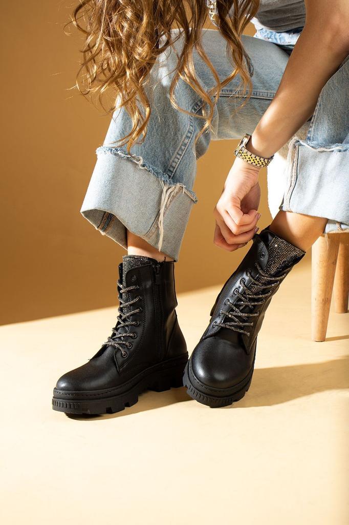 Женские современные стильные модные женские черные сапоги из полиэстера на молнии, удобные сапоги с теплой подкладкой и камнем на шнуровке, почтовые ботинки