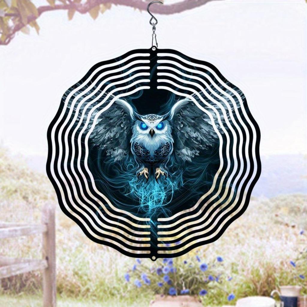 3D Hanging Garden Wind Chime Metal Wind Spinner with Ice Blue Phantom Owl Pattern for Outdoor Yard Decoration No Power Required