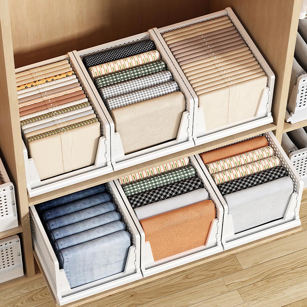 Set of 4 Stackable Plastic Pull-Out Wardrobe Organiser Drawers, Sliding Drawer Wardrobe Organizer Stackable Closet Storage Bins