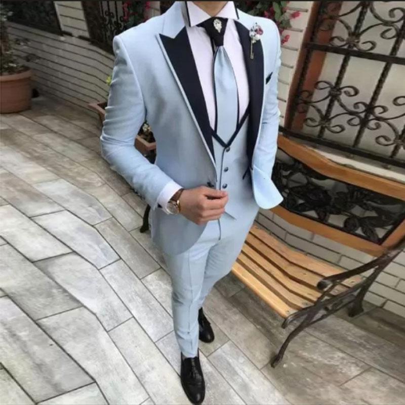 Темно-синий пиджак Комплекты Костюмы Деловые повседневные свадебные вечеринки Женихи подходят смокинг Костюм хозяина Мужской костюм Обычные комплекты из 3 предметов: куртка + брюки + жилет