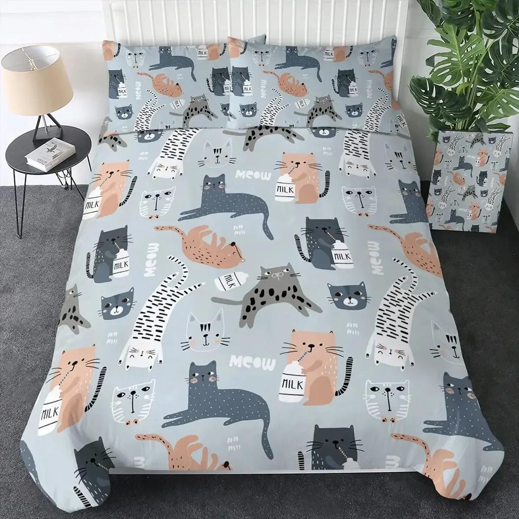 Cats Grey And White Cats Comfortable Duvet Quilt Cover Pillowcase Bedding Set Children Bedroom Decoration Home Textile