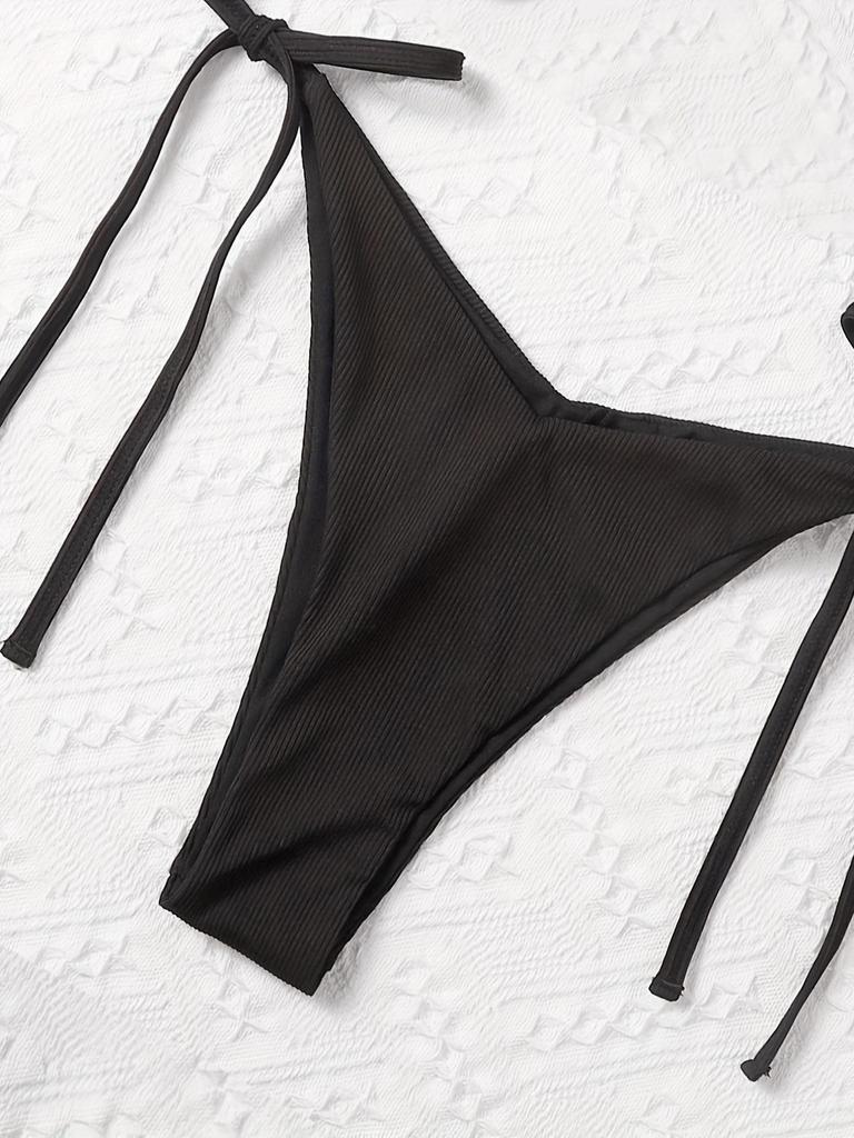 European & American Tie-Up Bikini Set: Sexy Solid Color Ribbed Swimsuit for Women