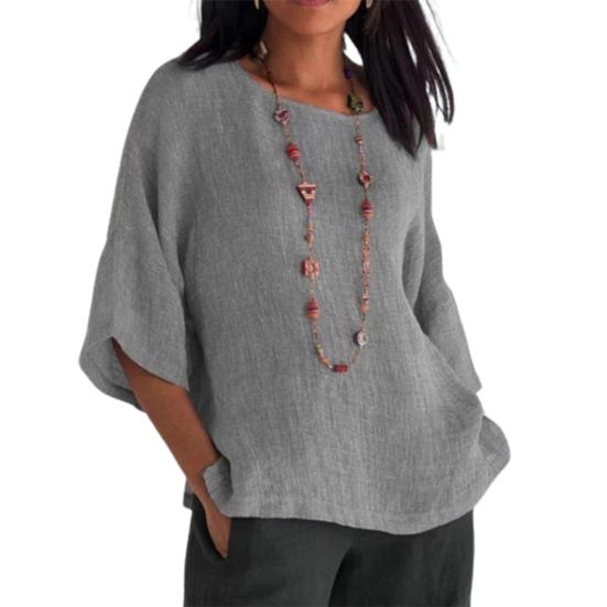 Women Blouse Solid Color Side Split Summer Crew Neck Loose-fitting Shirt Streetwear