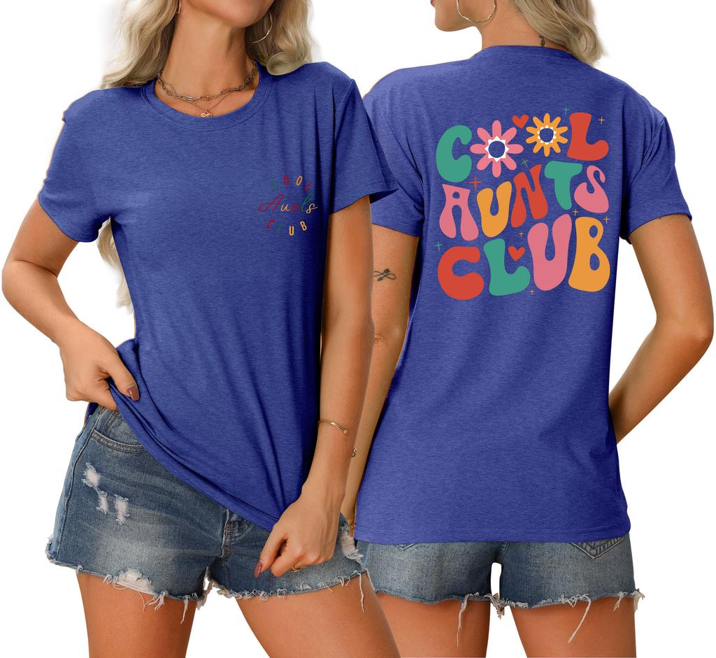 Summer new Womens round neck cool aunts club front and back printed Tshirt loose casual shortsleeved top with a stylish pullo