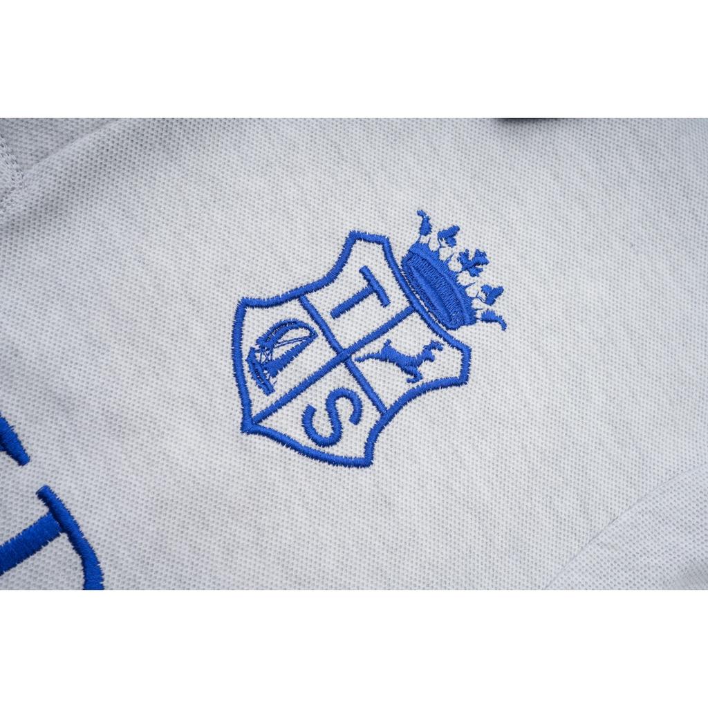 Мужская рубашка поло с длинным рукавом серого цвета с синими и желтыми акцентами, с логотипом и вышивкой «Мадрид»