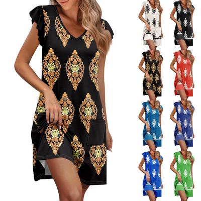 Женское летнее платье с рукавами-рюшами, V-образным вырезом, короткие платья, модное, повседневное, свободное, А-силуэта, платье-солнце с карманом