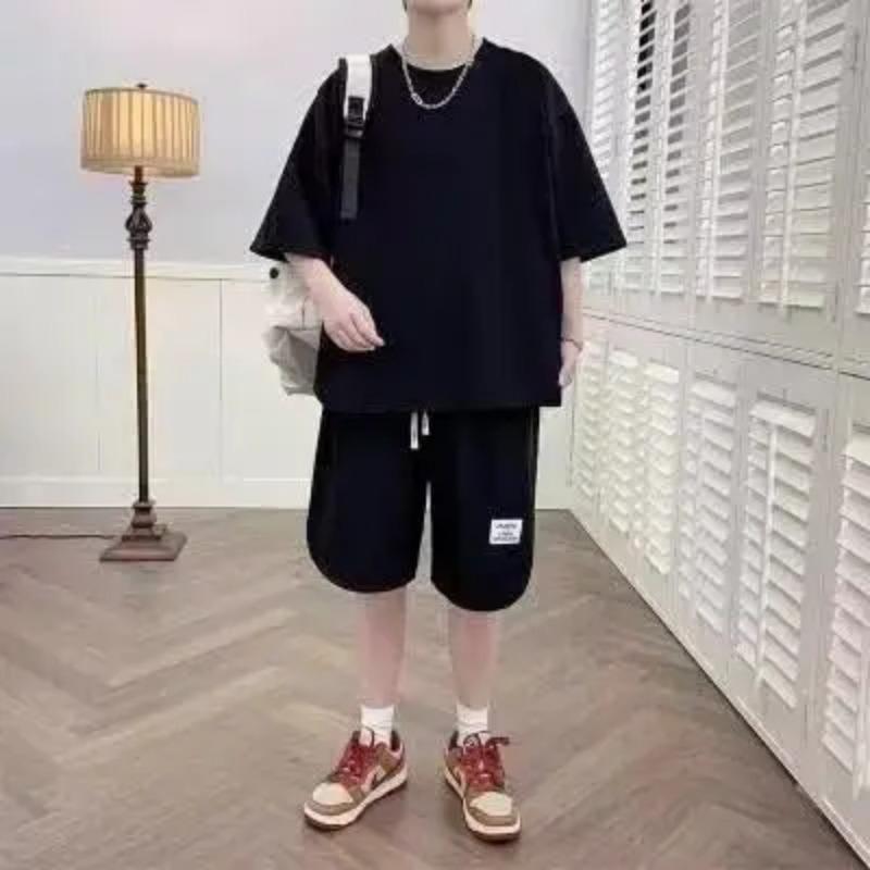 Повседневная спортивная одежда, мужская летняя клетчатая футболка с короткими рукавами и шорты, комплект из 2 предметов, корейский модный уличный стиль 2024 года