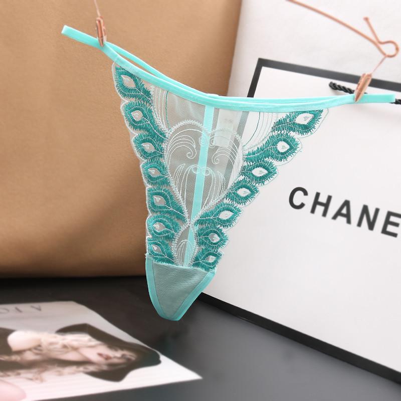 Japanese Sexy Transparent Low Waist Seamless Lace Thong with Feather Embroidery