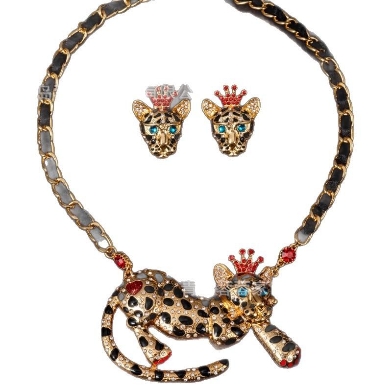 BJ Animal Style Cheetah Necklace Colorful Treasure Exaggerated Leopard Head Earrings Personalized Antique Heavy Industry Jewelry