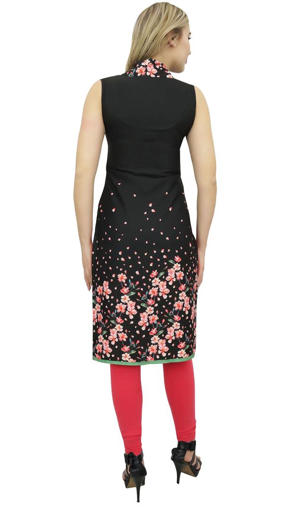 Bimba Women's Sleeveless Black Floral Printed Tunic Designer Kurta Kurti-10