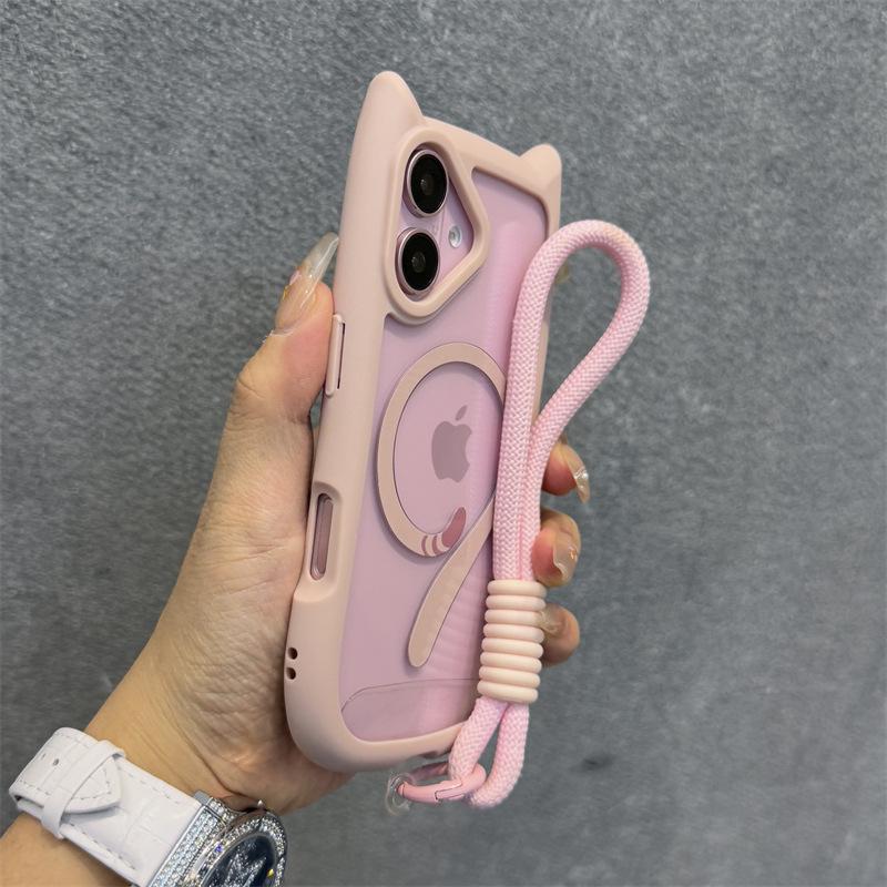 iPhone 17 PRO Магнитный чехол с ушками кошки и ремешком - Прозрачный защитный чехол от падений