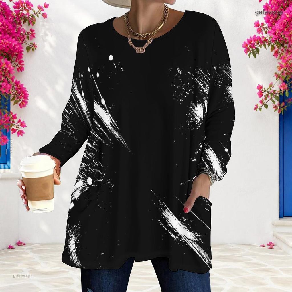Women Plus Size Black Printed Round Neck Long Sleeve Loose Longline T Shirt With Pockets