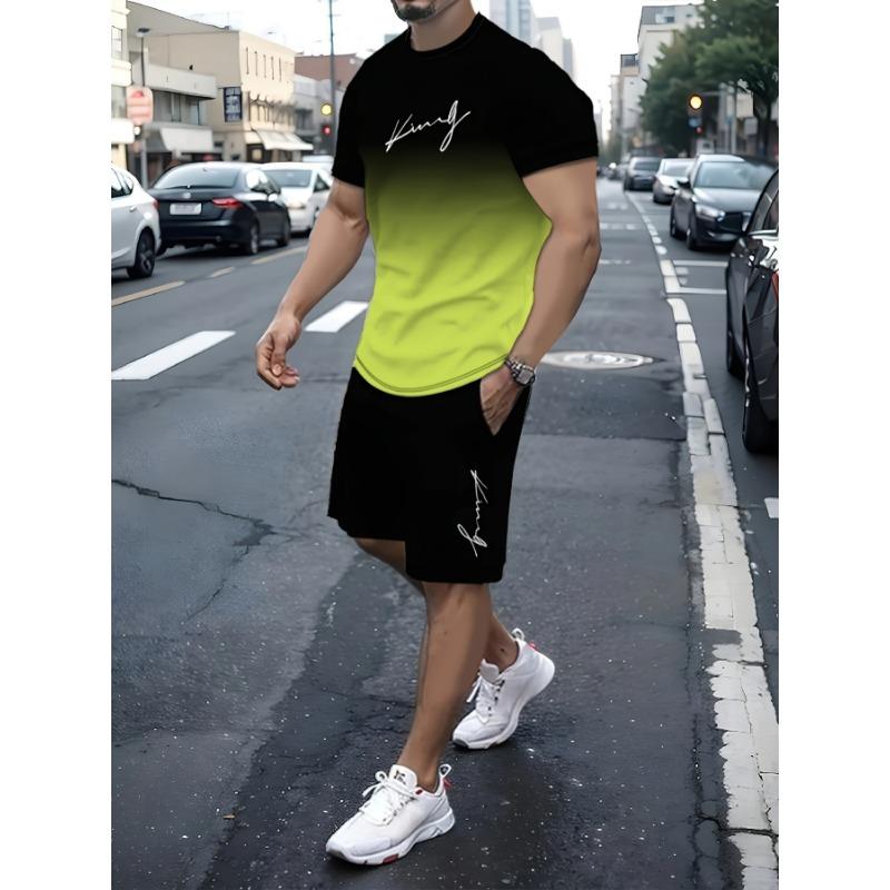 Men's Outfit, Gradient Color King Graphic Print Casual Crew Neck Short Sleeve T-Shirt & Shorts 2-piece Set For Summer Outdoor Activities