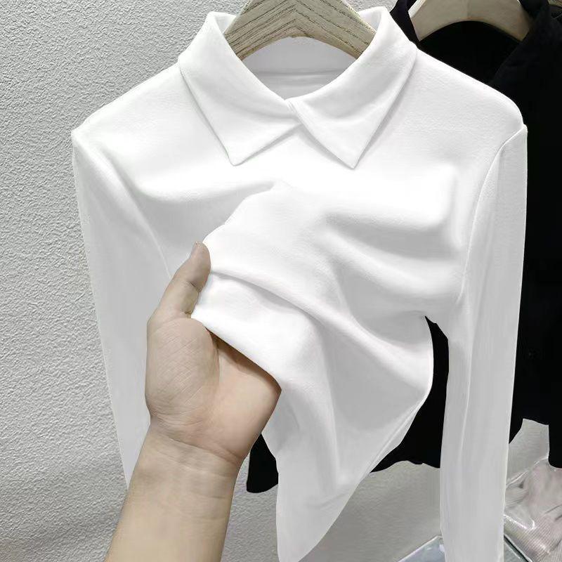 Осень и Зима Женская Двусторонняя Бархатная Базовая Рубашка Мягкая Приятная к Коже Базовая Рубашка с Воротником Поло Приталенный Крой Теплый Однотонный Эластичный Пуловер Топ