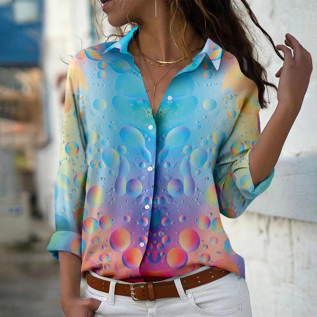 Raindrop Print Women Blouse Spring Autumn Femme Office Lady Button Up Turn Down Collar Shirts