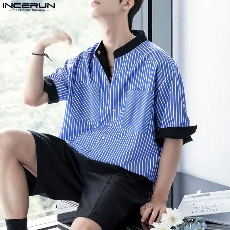 INCERUN Мужские повседневные рубашки с коротким рукавом, без воротника, в полоску, со строчкой