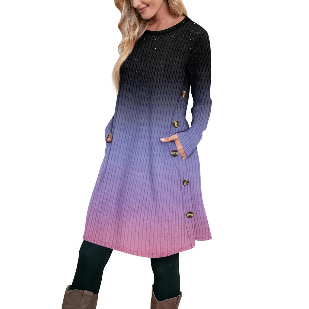 Женское модное повседневное платье-туника с длинным рукавом и карманами, платье с боковыми пуговицами