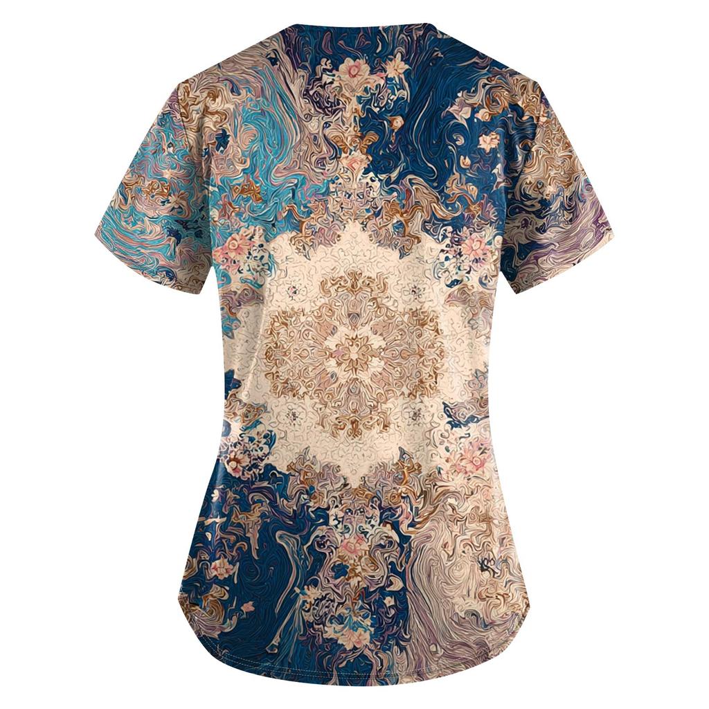 Plus Size Printed Scrub Working Uniform Tops For Women's V-Neck Print Short Sleeve Fun T-Shirts Workwear Tee With Pockets