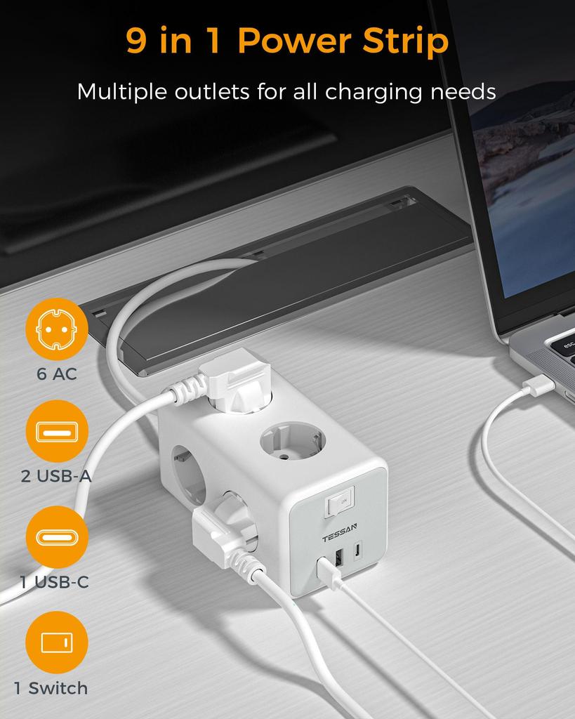 Tessan Стандартный заземленный удлинитель, вилки европейского стандарта, розетки, порты USB типа C, защита от перегрузки с удлинителем для домашнего офиса