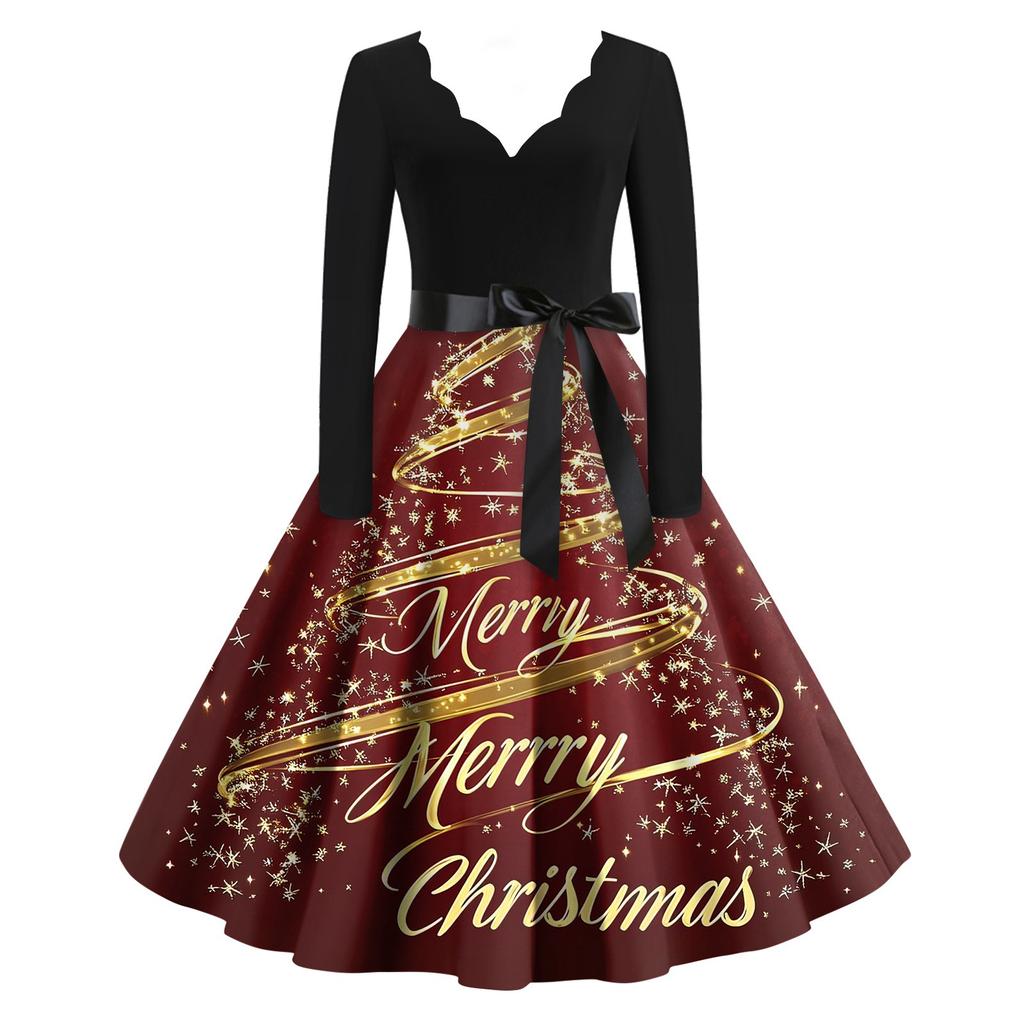 Женские модные повседневные тонкие рождественские платья с длинным рукавом с v-образным вырезом и принтом