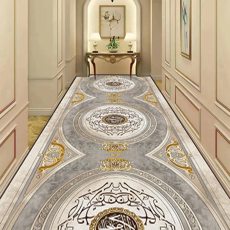 European Style Luxury Corridor Carpet Golden Stripes Decor Hotel Non-slip Runners Rugs Villa Stair Passageway Custom Long Mats